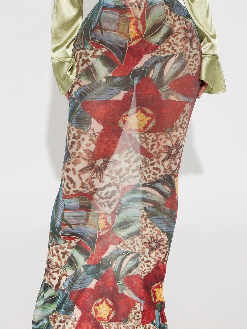 Fashion Nova Red Floral & Green Leaf Maxi Skirt